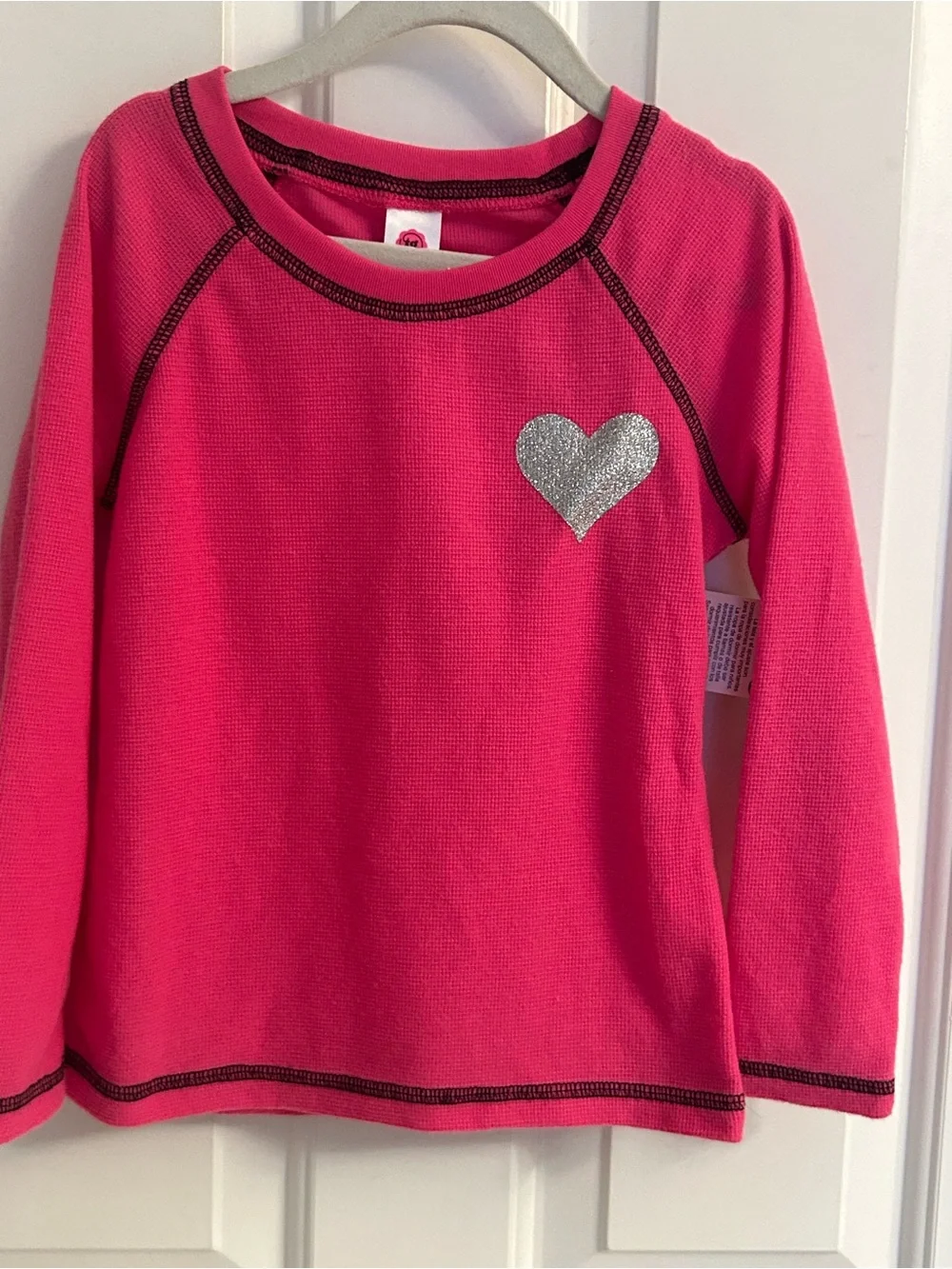 NWT-total girl Bright Pink Long Sleeve Top Pajama Top with Silver Glitter Heart